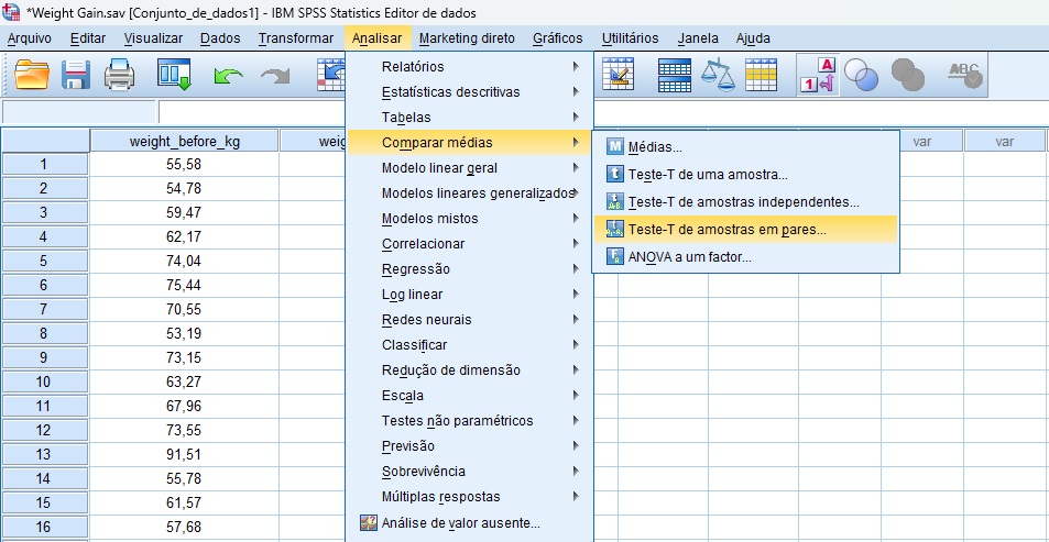 caminho para solicitar o teste t para amostras pareadas no SPSS.