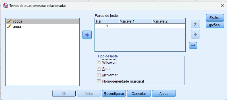 janela para solicitar a análise do teste de Wilcoxon no SPSS.