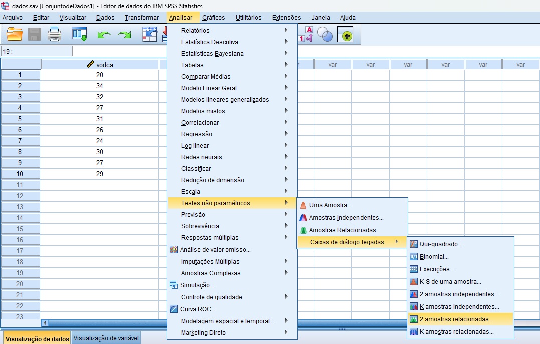 como solicitar o teste de Wilcoxon no SPSS.