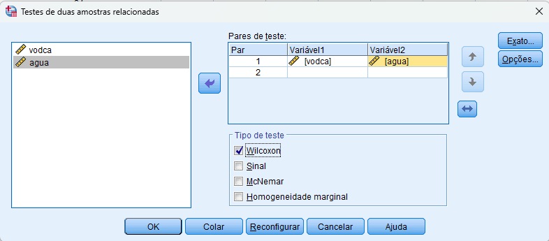 parâmetros para a análise do teste de Wilcoxon no SPSS.