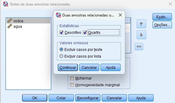 solicitando estatísticas descritivas do teste de Wilcoxon no SPSS.