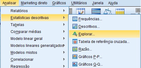 caminho para solicitar a avaliação da normalidade dos dados no SPSS.