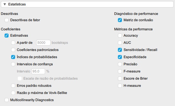 estatísticas de desempenho e de tamanho de efeito da regressão logística no JASP.