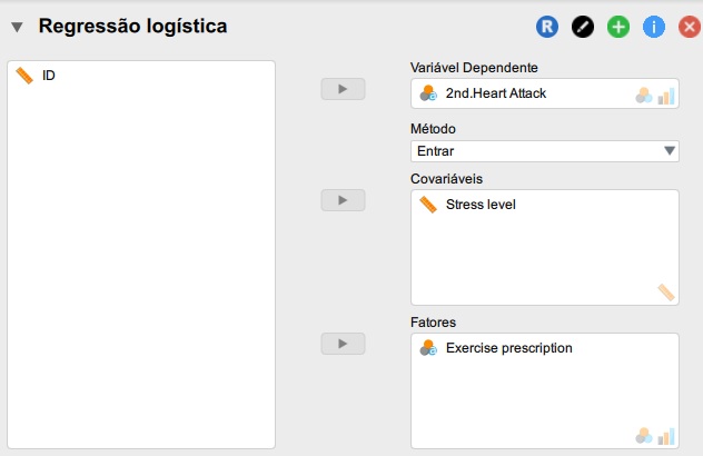 configurando a regressão logística no JASP.