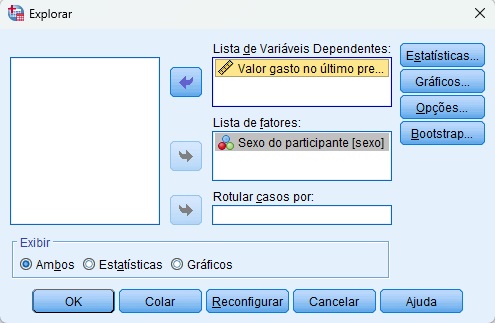 especificando a solicitação das estatísticas descritivas no SPSS.