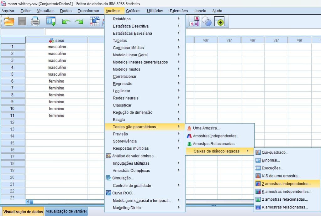 caminho para solicitar o teste de Mann-Whitney no SPSS.