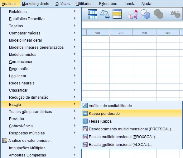 caminho para solicitar a análise do kappa ponderado.